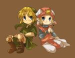  1boy 1girl blonde_hair blue_eyes child dress full_body green_headwear hat link looking_at_viewer photoshop_(medium) pointy_ears princess_zelda short_hair sitting smile the_legend_of_zelda the_legend_of_zelda:_ocarina_of_time tokuura young_link young_zelda 