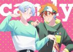  2boys aqua_shirt blonde_hair blue_eyes blue_hair candy english_text food green_hoodie hair_ornament hasegawa_langa headband highres hood hoodie kyan_reki long_sleeves male_focus multicolored_clothes multicolored_hair multiple_boys red_hair shirt sk8_the_infinity smile uppi white_shirt 