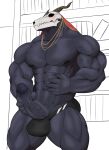  2022 abs anatake anthro balls barazoku biceps big_muscles big_penis blush blush_lines bone clothing demon digital_media_(artwork) elias_ainsworth erection genitals hi_res horn humanoid humanoid_genitalia humanoid_penis male mammal masturbation monster muscular muscular_anthro muscular_male nipples nude pecs penis serratus simple_background skull skull_head solo standing the_ancient_magus_bride thong triceps underwear vein veiny_muscles veiny_penis 