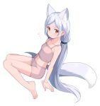  1girl animal_ear_fluff animal_ears bare_arms bare_legs bare_shoulders barefoot breasts brown_eyes collarbone extra_ears fox_ears fox_girl fox_tail full_body highres long_hair looking_at_viewer low_twintails midriff navel original saiste short_eyebrows shorts simple_background sitting small_breasts solo tail twintails very_long_hair wariza white_background white_hair 