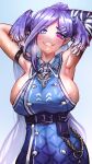  1girl areola_slip armpits bandaged_arm bandages bangs belt blue_eyes blush breasts detached_collar dgrp_(minhduc12333) dragon_arm dragon_girl head_wings heterochromia highres large_breasts long_hair looking_at_viewer nijisanji nijisanji_en purple_eyes purple_hair selen_tatsuki sideboob sleeveless smile solo sweat virtual_youtuber 