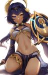 1girl absurdres bangs blue_eyes blue_hair blunt_bangs candace_(genshin_impact) closed_mouth dark-skinned_female dark_skin egyptian_clothes eye_of_horus genshin_impact hair_ornament heterochromia highres looking_at_viewer mamo_(user_jjca7524) navel shield simple_background sitting solo stomach thighlet white_background yellow_eyes 