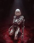  1girl azure_meraki blood closed_eyes dated exposed_muscle facing_viewer highres horror_(theme) making-of_available no_skin original parted_lips pool_of_blood short_hair signature skeleton solo standing wading white_hair 