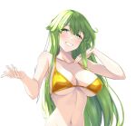  1girl alternate_costume bangs bare_arms bare_shoulders bikini blush breasts chuu_(rinet) collarbone commentary_request fire_emblem fire_emblem:_shadow_dragon_and_the_blade_of_light green_eyes green_hair grin hands_up highres jewelry large_breasts long_hair looking_at_viewer navel palla_(fire_emblem) reaching_out ring sideboob simple_background smile solo stomach swimsuit underboob upper_body very_long_hair white_background yellow_bikini 