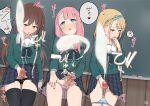  22/7 3girls bangs black_panties black_thighhighs blazer blonde_hair blue_eyes blue_panties blue_ribbon blue_skirt blush braid brown_eyes brown_hair censored chalkboard clothed_masturbation collarbone cum ejaculation futanari futanari_masturbation green_eyes green_jacket hair_ribbon heart heart-shaped_pupils highres indoors jacket kamiki_mikami kanjukutomato11 long_hair looking_at_viewer masturbation mosaic_censoring multiple_girls neck_ribbon open_mouth panties panty_pull penis pink_hair plaid plaid_skirt pleated_skirt precum precum_string ribbon saitou_nicole school_uniform short_hair sidelocks signature single_braid skirt speech_bubble sweat symbol-shaped_pupils tachikawa_ayaka taker_pov thighhighs translation_request underwear white_panties 