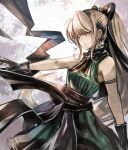  1girl bangs black_bow black_gloves blue_eyes bow dress earrings floating_hair gem gloves green_dress green_gemstone grey_hair hair_bow highres jewelry long_hair original ponytail sleeveless sleeveless_dress solo sushi_(sashimise) very_long_hair 