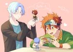  +_+ 2boys :o black_jacket blue_eyes blue_hair blue_shirt blush cellphone green_shirt hasegawa_langa headband highres holding jacket kyan_reki male_focus model multicolored_hair multiple_boys open_mouth orange_eyes orange_hair phone shirt short_hair sk8_the_infinity smartphone smile streaked_hair uppi wristband 