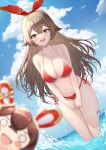  1girl :d absurdres alternate_costume amber_(genshin_impact) bangs bare_arms bare_shoulders baron_bunny_(genshin_impact) bikini blue_sky blurry blurry_foreground blush bow_hairband breasts brown_hair cleavage cloud crossed_bangs from_below genshin_impact hair_flaps hairband halterneck highres large_breasts long_hair looking_at_viewer open_mouth outdoors red_bikini side-tie_bikini_bottom sky smile solo swimsuit uka_(315302627) wading water water_drop 