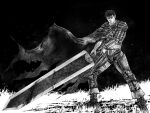  1boy armor azure_meraki berserk closed_mouth dragonslayer_(sword) fighting_stance floating_cape greyscale guts_(berserk) highres holding holding_sword holding_weapon looking_at_viewer male_focus metal_boots monochrome prosthesis prosthetic_arm sanpaku short_hair solo sword weapon 