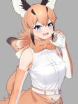  1girl :d animal_ears bangs bare_shoulders belt black_hair blue_eyes bow bowtie breasts caracal_(kemono_friends) claw_pose commentary_request deku_suke elbow_gloves extra_ears fang gloves grey_background hair_between_eyes highres kemono_friends light_blush looking_at_viewer medium_breasts multicolored_hair open_mouth orange_bow orange_bowtie orange_hair shirt simple_background skin_fang skirt sleeveless sleeveless_shirt smile solo tail white_belt white_hair 