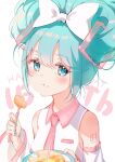  1girl :t absurdres bare_shoulders blue_eyes blue_hair bow cinnamiku closed_mouth collared_shirt commentary detached_sleeves eating food food_on_face fork hair_bow happy_birthday hatsune_miku highres holding holding_fork long_sleeves looking_at_viewer maya_g necktie pink_necktie shirt simple_background sleeveless sleeveless_shirt solo upper_body vocaloid white_background white_bow white_shirt white_sleeves wide_sleeves 