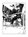  2boys arsene_lupin_iii black_eyes black_pants black_vest car cigarette facial_hair fiat_500 formal goatee greyscale ground_vehicle gun hat hat_over_one_eye highres jigen_daisuke lupin_iii male_focus monochrome motor_vehicle multiple_boys osaraufo pants recharging short_hair suit vest weapon 