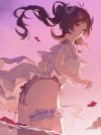  1girl absurdres animal_ears arknights ass bare_shoulders bikini bridal_garter brown_hair closed_mouth evening eyjafjalla_(arknights) eyjafjalla_(summer_flowers)_(arknights) floating_hair flower frills from_side gradient_sky hibiscus highres long_hair looking_at_viewer looking_to_the_side nakatsuka123 off-shoulder_bikini off_shoulder official_alternate_costume outdoors pink_bikini pink_sky plaid plaid_bikini purple_eyes red_flower sheep_ears sheep_girl sheep_tail sky smile solo sunlight sunset swimsuit swimsuit_cover-up tail wading water wind 