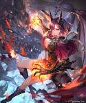  1girl armor bangs boots breasts capelet claws dragon dragon_girl dragon_horns dragon_tail dragon_wings english_text fantasy fire flying full_body highres horns irua knee_boots large_breasts looking_at_viewer medium_hair mole mole_under_eye open_clothes open_shirt pink_hair red_capelet scales shadowverse sharp_teeth shirt shorts tail teeth wings yellow_eyes 