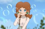  1girl alternate_costume bad_link brown_hair bubble bubble_blowing chocomiru crown crown_removed earrings eyebrows_hidden_by_hair jewelry mario_(series) princess_daisy sky solo source_request sweater tiara_removed turtleneck turtleneck_sweater upper_body 