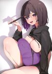  1girl absurdres bangs bikini black_shorts black_sweater blush breasts brown_hair cleavage clothes_lift cushion highres hood hooded_sweater large_breasts long_sleeves looking_at_viewer open_mouth pomesaurus purple_eyes short_hair shorts stylus sweater swimsuit thighs untied untied_bikini 