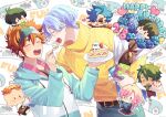  6+boys ^_^ adam_(sk8) blue_hair blush cake cherry_blossom_(sk8) chibi closed_eyes eating feeding food fork green_hair hasegawa_langa headband highres hood hoodie joe_(sk8) kikuchi_tadashi kyan_reki long_sleeves male_focus miya_(sk8) multicolored_clothes multicolored_hair multicolored_hoodie multiple_boys open_mouth orange_hair shirt sk8_the_infinity streaked_hair sweater_vest uppi white_shirt yellow_sweater_vest 