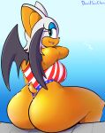  anthro big_butt breasts butt chiropteran clothing davidsanchan female flag_swimwear hi_res looking_back mammal poolside rouge_the_bat sega sitting solo sonic_the_hedgehog_(series) stars_and_stripes swimwear united_states_of_america wet wings 