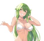 1girl bangs bare_arms bare_shoulders bikini blush breasts chuu_(rinet) collarbone commentary_request fire_emblem fire_emblem:_shadow_dragon_and_the_blade_of_light green_eyes green_hair grin hands_up highres jewelry large_breasts long_hair looking_at_viewer navel palla_(fire_emblem) ring simple_background smile solo stomach swimsuit tan upper_body very_long_hair white_background white_bikini 