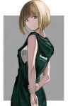  1girl arms_behind_back bangs bare_arms blonde_hair blue_eyes blunt_bangs border closed_mouth dress from_side green_dress grey_background hood hood_down hooded_dress looking_at_viewer original short_hair sleeveless sleeveless_dress solo straight_hair sushi_(sashimise) white_border 