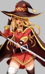 1girl bandages bangs black_gloves blonde_hair breasts cape cosplay cowboy_shot dress evileye_(overlord) eyepatch fang fingerless_gloves gloves grey_background hat highres holding holding_staff large_belt long_bangs long_hair long_sleeves megumin one_eye_covered overlord_(maruyama) red_dress red_eyes small_breasts smile solo staff standing thighhighs thighs tsugu0302 witch_hat 