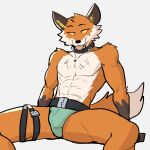  2022 abs anthro bedroom_eyes belt blep bulge canid canine clothed clothing collar epic_games eyebrows fennix_(fortnite) fortnite fox fur hi_res jrjresq legband looking_at_viewer male mammal muscular muscular_anthro muscular_male narrowed_eyes pecs seductive simple_background sitting smile solo thighband thong tongue tongue_out topless topless_anthro topless_male tuft underwear video_games white_background 