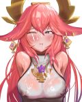  1girl absurdres animal_ears bare_shoulders blush breasts bukkake closed_mouth covered_nipples cum cum_in_mouth cum_on_clothes cum_on_hair cumdrip earrings facial fox_ears genshin_impact hair_between_eyes headpiece highres jewelry large_breasts long_hair looking_to_the_side one_eye_closed pendant pink_hair prev/next purple_eyes see-through shirt signature sleeveless sleeveless_shirt solo upper_body wet wet_clothes wet_shirt white_background white_shirt yae_miko 
