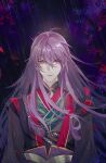  1boy absurdres bangs chinese_clothes closed_mouth dark_background ensemble_stars! eyelashes falling_petals floating_hair hair_between_eyes hair_down highres kanzaki_souma long_hair long_sleeves looking_at_viewer male_focus petals purple_eyes purple_hair qinze233 rain rope serious sidelocks solo tassel upper_body v-shaped_eyebrows very_long_hair wet wet_hair 