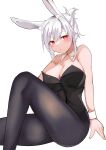  1girl :&lt; absurdres animal_ear_fluff animal_ears arm_at_side bare_arms bare_shoulders black_leotard black_pantyhose breasts cleavage collarbone commentary_request dot_mouth dot_nose expressionless feet_out_of_frame forehead hair_between_eyes highres knee_up large_breasts league_of_legends leotard looking_at_viewer medium_hair pantyhose playboy_bunny rabbit_ears red_eyes riven_(league_of_legends) saki_(14793221) simple_background sitting slit_pupils solo strapless strapless_leotard white_background white_hair 