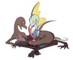  black_eyes commentary eye_contact inteleon looking_at_another parted_lips pokemon salazzle simple_background sitting ssalbulre sweat tail tail_wrap toes white_background yellow_eyes 