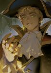 1boy ascot axis_powers_hetalia blonde_hair cave coin commentary earrings gloves glowing glowing_jewelry gold green_eyes grin hat highres huacai jewelry pirate pirate_costume pirate_hat ring short_hair smile solo symbol-only_commentary thick_eyebrows united_kingdom_(hetalia) upper_body white_gloves 