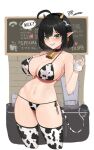  1girl absurdres ahoge animal_ears animal_print bell bikini black_collar black_hair black_hairband breasts buff_bard collar cow_horns cow_print cow_tail cowbell cropped_legs cup ear_tag english_text fake_animal_ears green_eyes grin hairband highres holding holding_cup horns korean_text lactation lactation_through_clothes large_breasts menu milk navel neck_bell original pointy_ears short_hair smile solo speech_bubble stomach swimsuit tail thighhighs thighs 