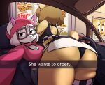  anthro big_butt bottomwear breasts butt car cleavage clothed clothing domestic_cat english_text felid feline felis female he_wants_to_order hi_res mammal panties senorkah skirt text underwear vehicle 