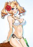  1girl :d absurdres arm_at_side bare_arms bare_shoulders bikini blonde_hair blue_eyes breasts cleavage collarbone commentary cowboy_shot curly_hair flower forehead hair_flower hair_ornament highres honolulu_(kancolle) kantai_collection large_breasts legs_together looking_at_viewer navel open_mouth sangyou_haikibutsu_a shadow shiny shiny_skin side-tie_bikini_bottom simple_background sitting smile solo swimsuit v-shaped_eyebrows white_background white_bikini 