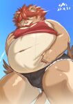  2022 absurd_res anthro belly big_belly blush bodily_fluids bottomwear bulge cai1448331577 clothed clothing clothing_lift felid hi_res kemono lifewonders lion male mammal moobs navel overweight overweight_male pantherine shirt shirt_lift shorts solo sweat tokyo_afterschool_summoners topwear vapula_(tas) video_games 