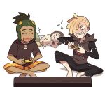  +++ 1girl 2boys ahoge bag bangs barefoot black_pants black_shirt blonde_hair chips clenched_teeth closed_eyes commentary dark-skinned_male dark_skin ear_piercing eating food gladion_(pokemon) green_hair green_shorts grey_vest hair_over_one_eye hau_(pokemon) hood hooded_vest hoodie multiple_boys nintendo_switch pants piercing playing_games pokemon pokemon_(game) pokemon_sm selene_(pokemon) shirt short_hair short_ponytail short_sleeves shorts simple_background sitting ssalbulre tassel teeth television tied_shirt torn_clothes torn_pants torn_shirt vest white_background 