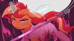  2022 absurd_res clothing digital_media_(artwork) equestria_girls equid equine female feral friendship_is_magic hasbro hi_res horn katana magic mammal melee_weapon my_little_pony solo sunset_shimmer_(eg) sword topwear unicorn vanillaghosties weapon white_clothing white_topwear 