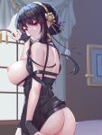  1girl ass backless_dress backless_outfit biting black_dress black_gloves black_hair breasts breasts_out chinese_commentary cowboy_shot curtains dakimakura_(medium) dress earrings expressionless fingerless_gloves flower glove_biting gloves gold_hairband hair_flower hair_ornament indoors jewelry large_breasts lips looking_at_viewer misheng_liu_yin nipples no_panties parted_lips red_eyes short_hair_with_long_locks sidelocks skindentation sleeveless sleeveless_dress solo spy_x_family standing sweat taut_clothes taut_dress window yor_briar 