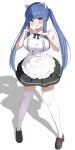  1girl absurdres alternate_costume alternate_hairstyle animal_ears apron azur_lane black_footwear black_skirt blue_eyes blush breasts cat_ears fake_animal_ears firin frilled_apron frills full_body heterochromia highres ibuki_(azur_lane) large_breasts long_hair miniskirt paw_pose red_eyes shadow shoes simple_background skirt solo standing thighhighs twintails very_long_hair white_apron white_background white_thighhighs zettai_ryouiki 