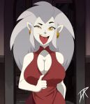  2022 amber_eyes bare_shoulders big_breasts breasts cleavage clothed clothed_female clothed_humanoid clothing dalley-the-alpha disney doorway ear_piercing ear_ring eda_clawthorne eyebrows fangs female female_humanoid fully_clothed fully_clothed_female fully_clothed_humanoid grey_hair hair half-length_portrait hi_res humanoid humanoid_pointy_ears inside long_hair looking_at_viewer looking_forward mammal open_mouth piercing portrait raised_eyebrow red_clothing ring_piercing signature sleeveless solo standing teeth the_owl_house tongue tongue_out white_body white_ears white_skin witch_(the_owl_house) 