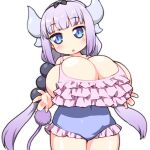  1girl bad_link bangs beads black_bow black_hairband blue_eyes blunt_bangs blush bow bow_hairband breasts bursting_breasts cleavage dragon_girl dragon_horns hair_beads hair_bow hair_ornament hairband horns huge_breasts kanna_kamui kobayashi-san_chi_no_maidragon light_purple_hair long_hair looking_at_viewer low_twintails multiple_horns oppai_loli parted_lips shirogane_hakuba shortstack solo tail thick_thighs thighs twintails 