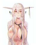 ! 1girl arknights blush breasts brown_eyes cleavage elsi hair_between_eyes horns long_hair navel necktie nipples open_clothes parted_lips shining_(arknights) solo sweat sweatdrop white_hair 