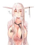  1girl ? areola_slip arknights blush breasts brown_eyes cleavage elsi hair_between_eyes horns long_hair navel necktie open_clothes parted_lips pasties shining_(arknights) solo sweatdrop white_hair 