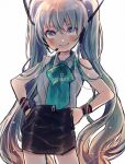  1girl :&gt; aqua_eyes aqua_hair aqua_neckerchief backlighting bare_shoulders blush closed_mouth hair_over_shoulder hands_on_hips hatsune_miku head_tilt headphones headset highres kouhara_yuyu long_hair looking_at_viewer neckerchief pale_skin shirt skirt sleeveless sleeveless_shirt smile solo twintails very_long_hair vocaloid wristband zipper_pull_tab 