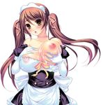  areolae bad_id bad_pixiv_id bare_shoulders blush breast_slip breasts brown_eyes brown_hair copyright_request covered_nipples cum cum_on_body cum_on_breasts cum_on_upper_body large_breasts long_hair maid nipples one_breast_out ookami_ryousuke ribbon self_fondle solo twintails 
