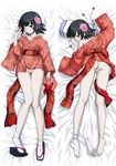  ;) ass bare_shoulders barefoot black_hair blue_eyes blush bottomless candy dakimakura feet flower food hair_flower hair_ornament highres japanese_clothes kiitarou_shounen_no_youkai_enikki kimono kneepits legs lollipop multiple_views no_panties off_shoulder one_eye_closed pale_skin peony_(flower) pinwheel pussy short_hair short_kimono short_yukata single_sock slippers smile socks soles suzu_(kiitarou) tabi thigh_gap tooo uncensored yukata 