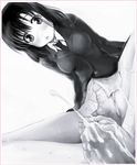  1girl bad_id bad_pixiv_id barefoot blush bottomless cum ejaculation feet footjob gaku_(wheel_of_lunokhod) greyscale hetero long_hair monochrome necktie panties penis saki solo_focus touyoko_momoko tsuruga_school_uniform underwear 