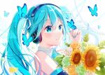  1girl animal asagao_minoru bangs black_sleeves blue_eyes blue_hair blue_nails blue_necktie blue_ribbon blush bouquet bug butterfly closed_mouth collared_shirt commentary_request detached_sleeves flower green_flower green_rose hair_between_eyes hand_up hatsune_miku headphones highres long_hair looking_away nail_polish necktie ribbon rose shirt sleeveless sleeveless_shirt smile solo sunflower twintails vocaloid white_flower white_rose white_shirt yellow_flower yellow_rose 