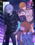  ! 1boy 2girls :d accelerator_(toaru_majutsu_no_index) age_difference aged_up ahoge arrow_(symbol) bangs bare_shoulders bed_sheet black_shirt blue_pants bob_cut breasts brown_eyes brown_hair brown_sweater_vest building chibi chibi_inset commentary denim double_v dress_shirt dual_persona foot_up grey_skirt grimace grin hair_between_eyes hair_over_eyes halftone heart height_difference index_finger_raised jeans large_breasts last_order_(toaru_majutsu_no_index) light_blush long_bangs loose_socks multiple_girls naked_sheet navel open_mouth outside_border pale_skin pants parted_lips raised_eyebrows red_eyes s_m_831 sanpaku school_uniform shirt short_hair skirt smile socks sparkle speech_bubble sweater_vest t-shirt talking toaru_kagaku_no_railgun toaru_majutsu_no_index tokiwadai_school_uniform two-tone_shirt v vat white_hair white_shirt white_socks 