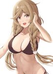  1girl bangs bikini blush braid breasts brown_bikini brown_eyes cleavage cloud_hair_ornament commentary_request hair_ornament highres ichikawa_feesu kantai_collection large_breasts light_brown_hair long_hair looking_at_viewer minegumo_(kancolle) open_mouth simple_background solo swimsuit twin_braids unfinished very_long_hair white_background 
